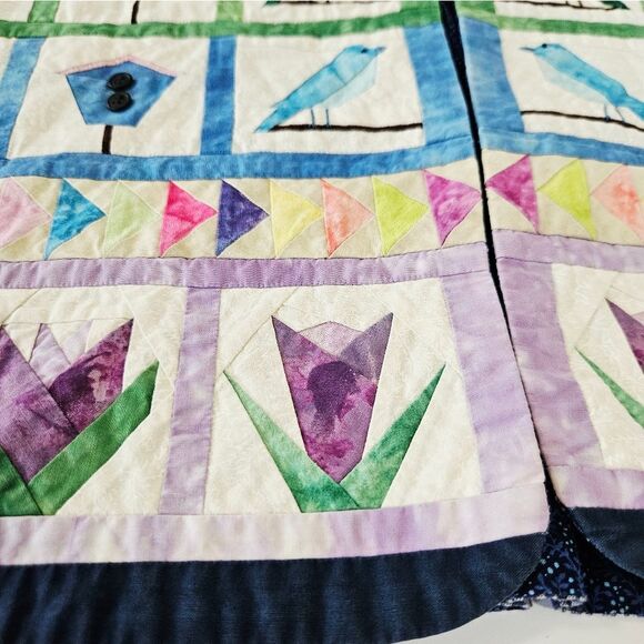 Vintage Hand Made Quilted Kitsch Floral Bird Watcher Birdhouse Vest Waistcoat L - Picture 5 of 9